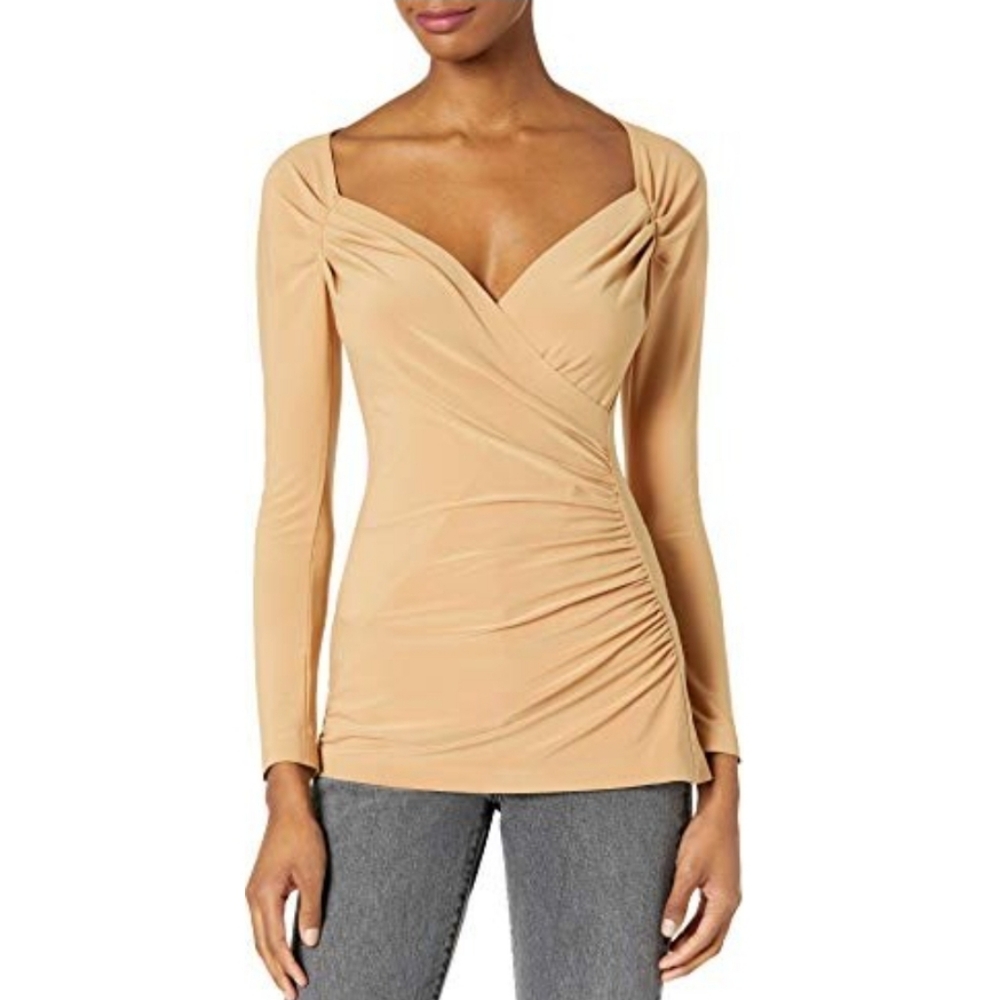 Norma Kamali Women's Long Sleeve Sweetheart Side Drape top Shirt Small Nude